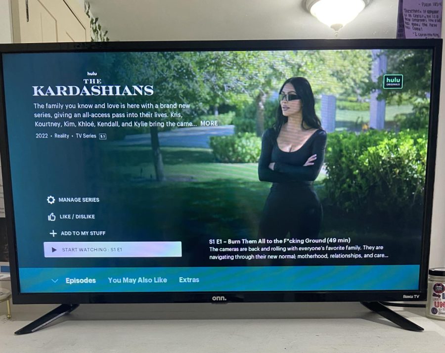 TV showing the new show The Kardashians that is streaming on Hulu