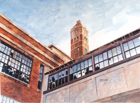 Peters Cartridge Factory, watercolor on watercolor paper, 8″ by 11″. The vanishing points of this three-point perspective scene can be located by continuing the lines of the buildings and windows beyond the perimeter of the scene to three places of convergence.