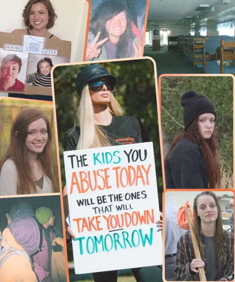 Survivors of the Troubled Teen Industry pictured during their stay, paired with an image of the protesting Paris Hilton (photo courtesy Refinery29 https://www.refinery29.com/en-us/2021/06/10401693/troubled-teens-programs-industry-problem)
