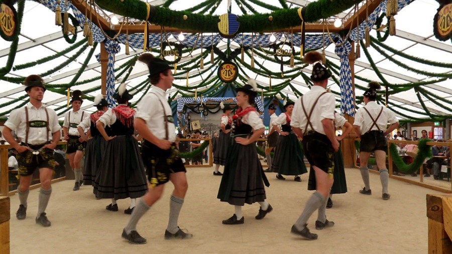 A group of Germans dancing to the music at Oktoberfest, 2010 