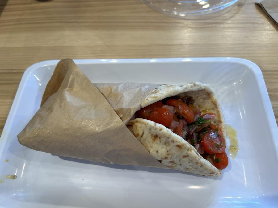 A build your own Pita containing lamb and tomatoes as well as Tzatziki sauce
