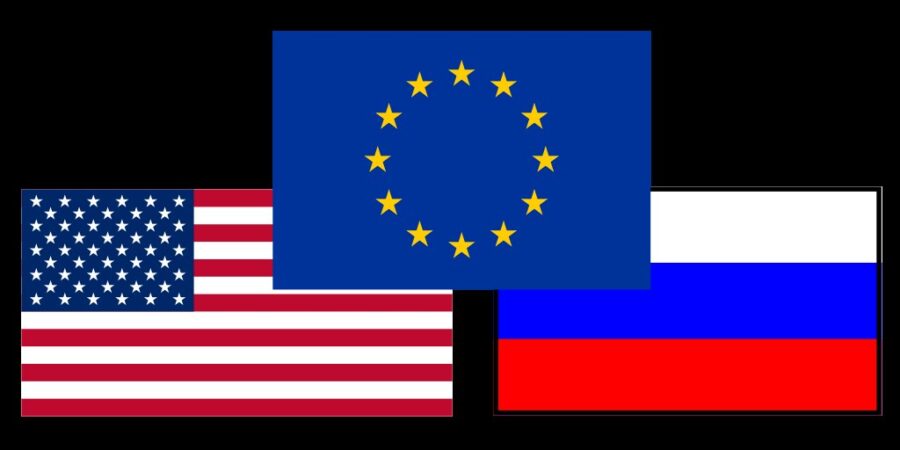 Flags of the EU, USA, and Russia
