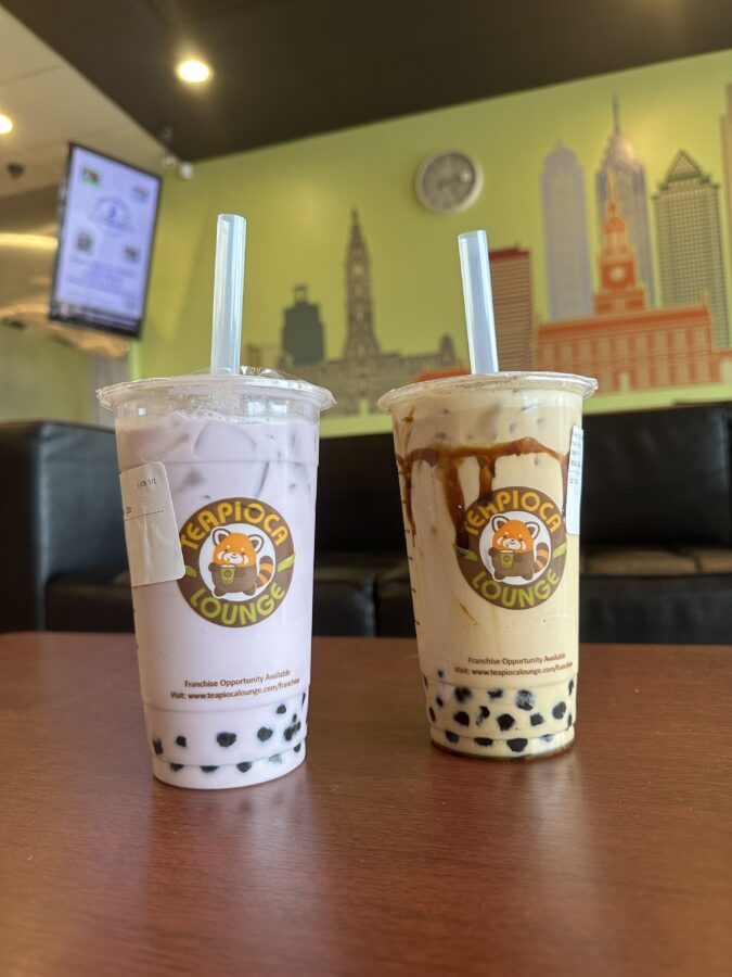 This+photo+depicts+two+different+boba+drinks+from+Teapioca+Lounge.+The+one+to+the+left+is+taro+tea+with+tapioca%2C+and+the+one+to+the+right+is+brown+sugar+chai+with+tapioca.