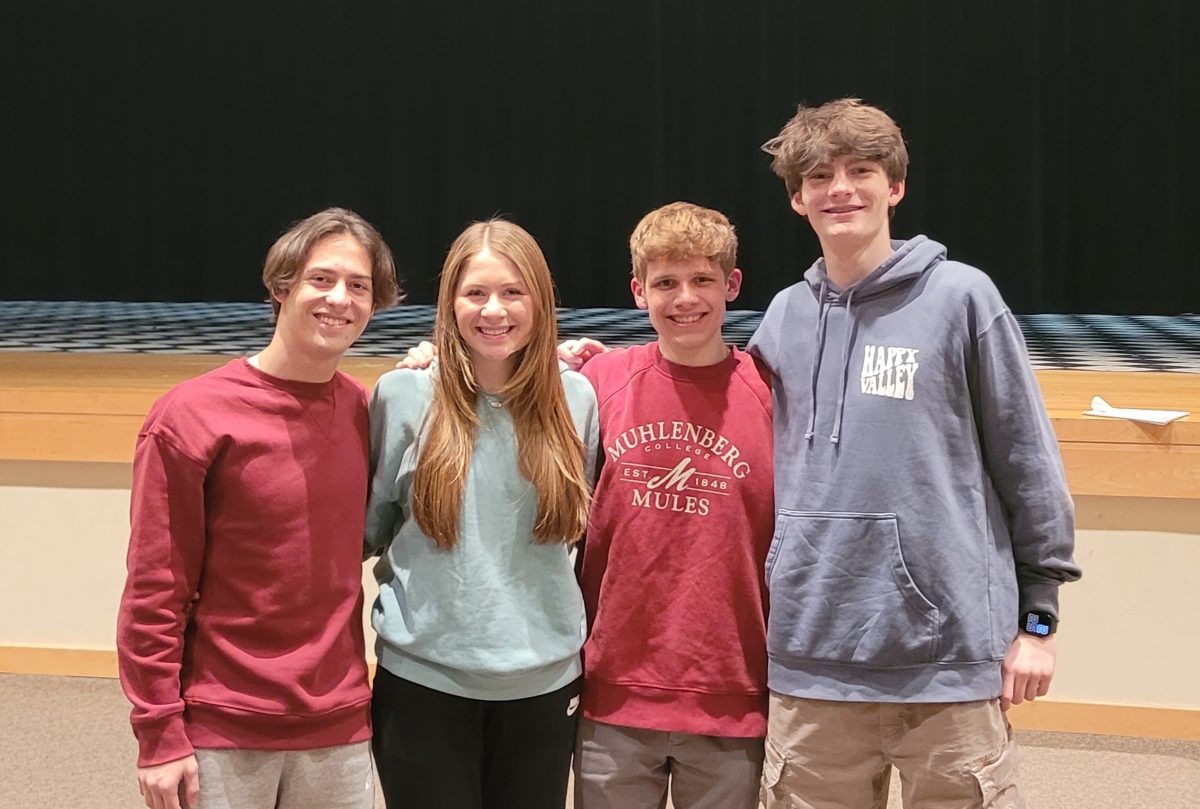 Four Pennridge students who have leading roles in Hello, Dolly. From left to right: Jared Smith, Kiera Ruch, Ryan Cecere, and Finn Norquay.