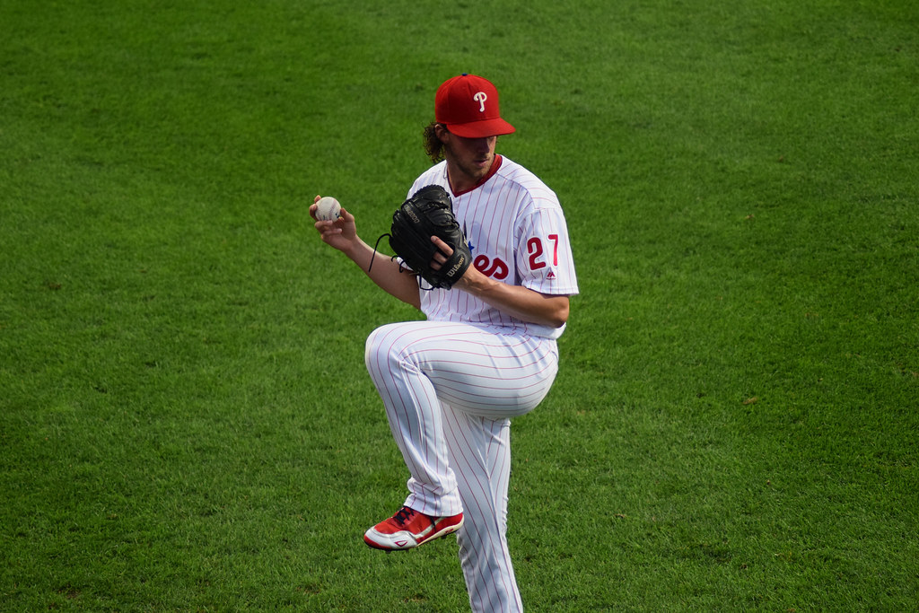 Aaron Nola, Phillies pitcher whose contract has been extended until 2031.
Aaron Nola by IDSportsPhoto is licensed under CC BY-SA 2.0.