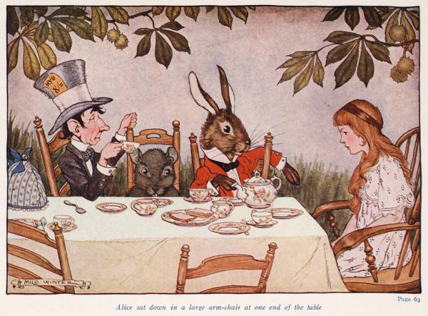 Alice in Wonderland is a popular story originally written by Lewis Carrol. Since then, it has been adapted into many different movies and books.

Alice in Wonderland (Illustrator: Winter, 1924) Mad Tea Party by Toronto Public Library Special Collections is licensed under CC BY-SA 2.0.