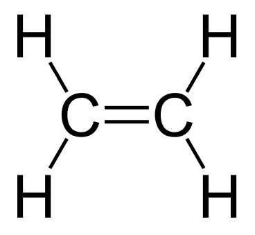 This image shows ethylene, a naturally occurring monomer that is mainly produced in large quantities to make polyethylene, a common plastic polymer. It can be found in natural gas, coal gas and crude oil, also released by ripening fruit.