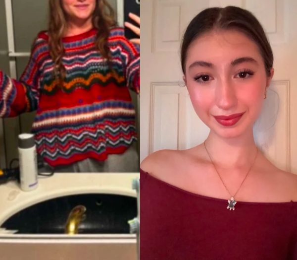 Sweater from the thrift store being paired with a face of makeup to match it.