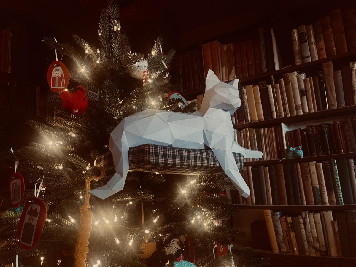 Paper cat located in the small library fireplace, a part of the Bucks County SPCA tree.
