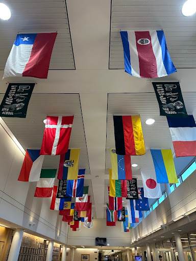 International flags hang at Pennridge High School's entrance in Bucks County, PA, in the U.S. to show inclusivity.  