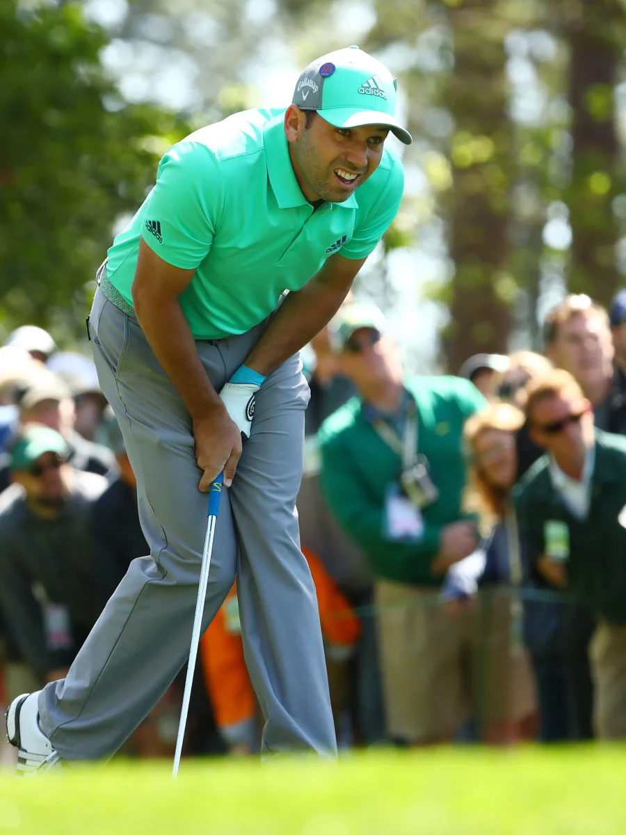 Sergio Garcia (front) suffered in the 2018 Masters Tournament after hitting his 5th shot into the water on the iconic 15th hole.