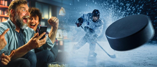 An image showing a sports bettor and hockey player in action. Photo courtesy of Harrington Casino - Harrington Raceway, “Delaware Hockey Betting | How Does It Work? | Tips & Tricks.”